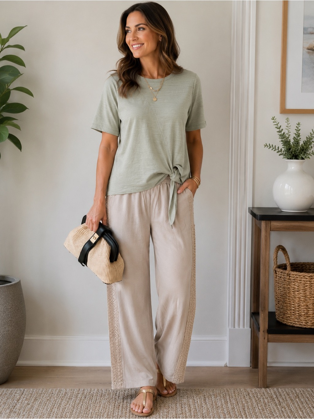 Sage Knot-Front Tee with Beige Wide-Leg Pants with no brand purse with necklace